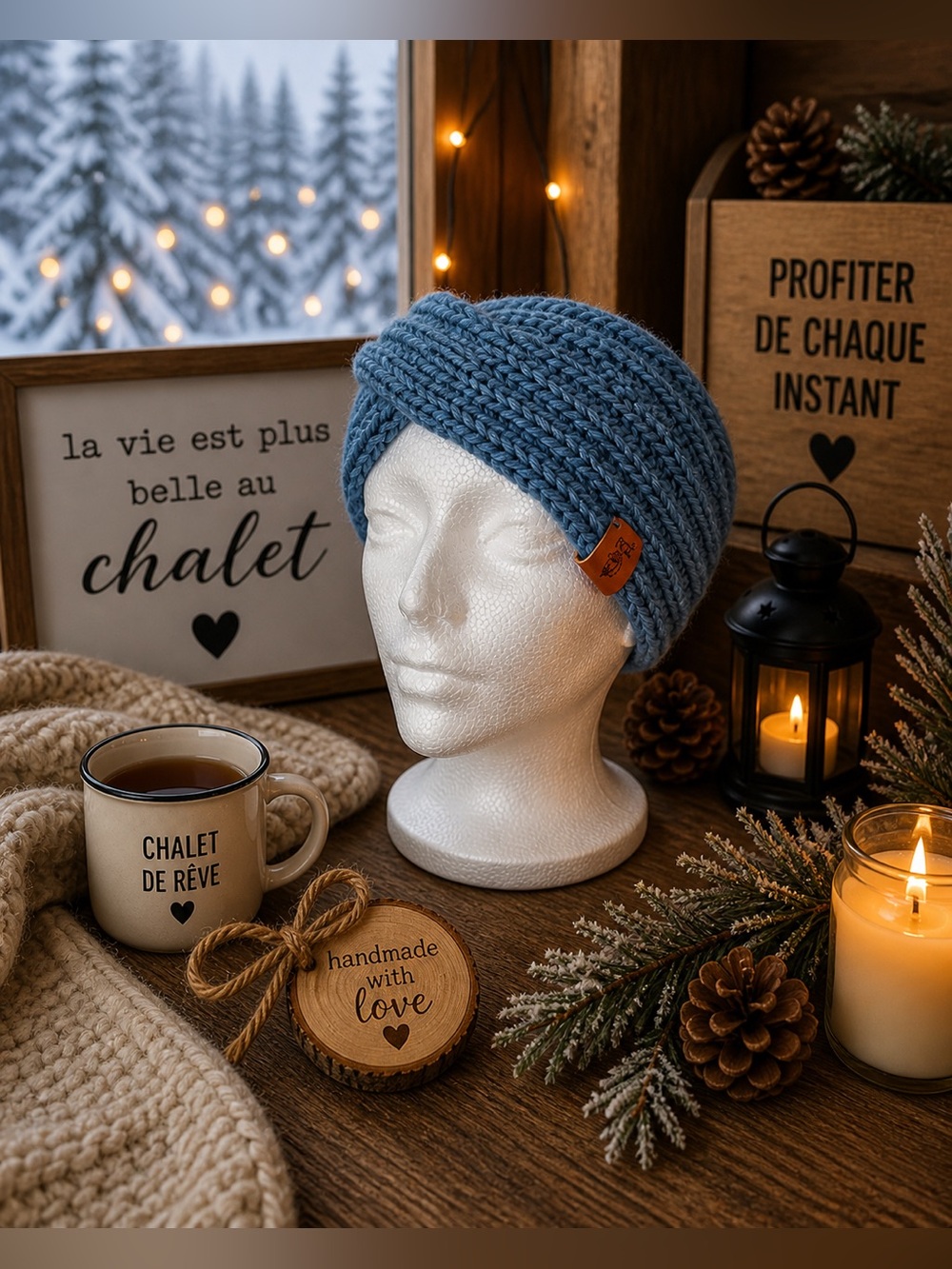 Chunky Knit Headband with Leather Tag - Dusty Blue